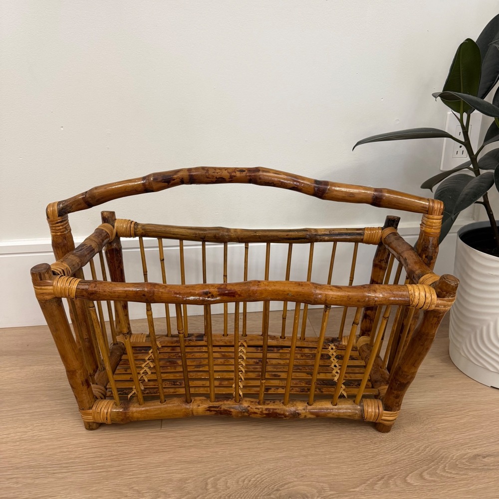 RARE Vintage 1980 Burnt Bamboo Magazine Rack Tortoise Shel Rattan Storage Basket